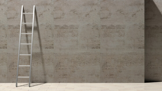 Metal ladder leaning against a stone wall, copy space. 3d illustration